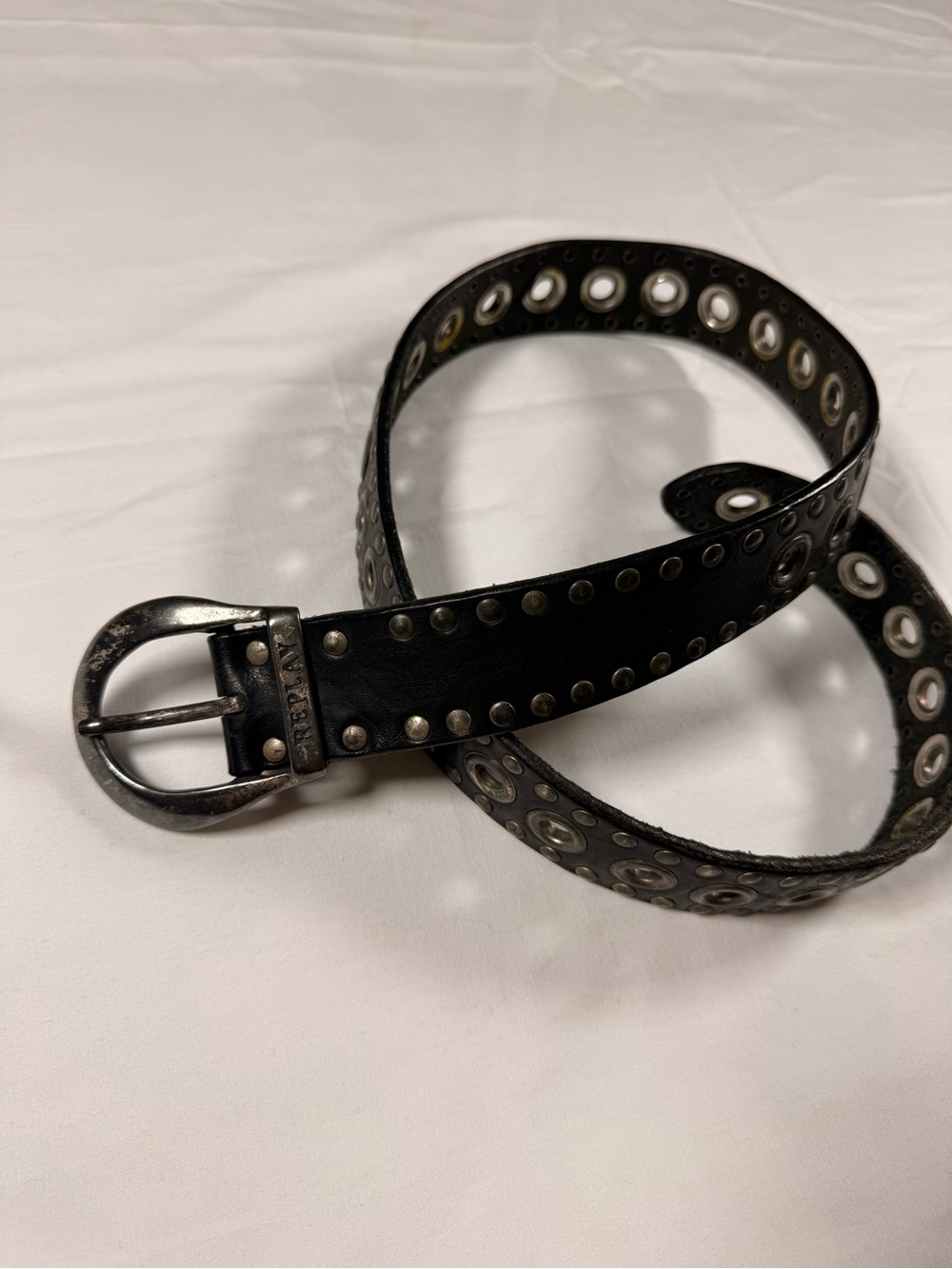 Replay Black Leather Belt with Dual Grommet Rows